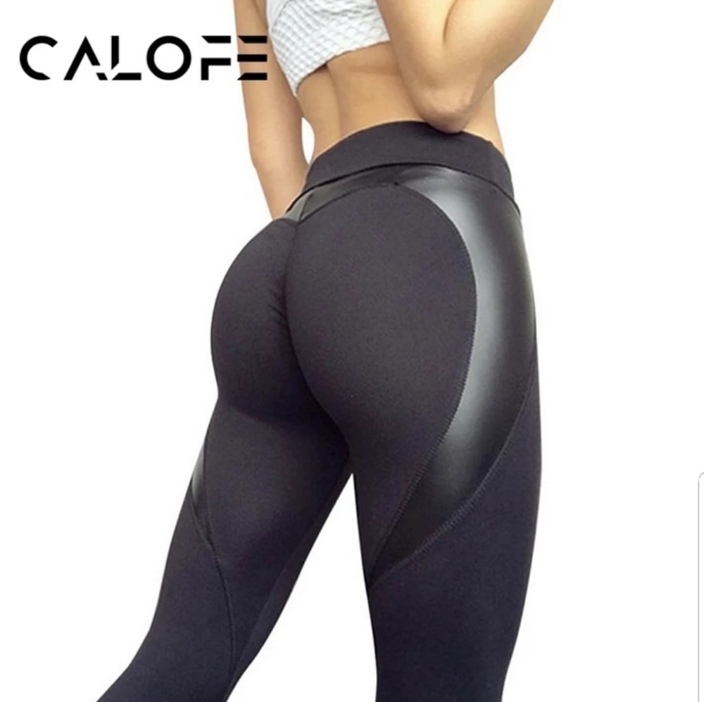 CALOFE Black Heart Shape Leggings Women PU Leather